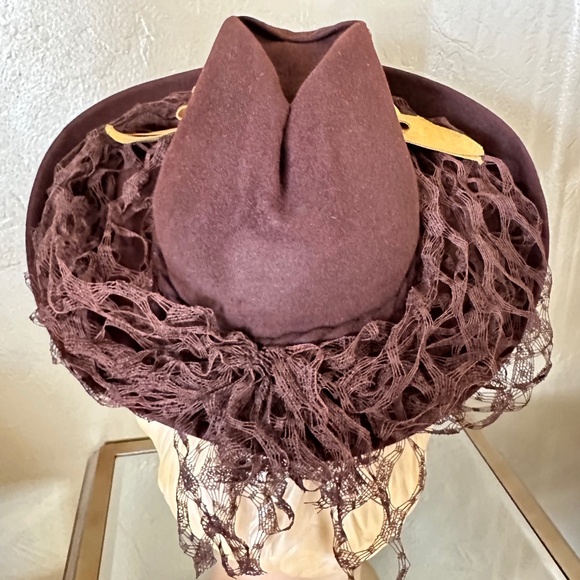 AMAZING 1940s\' BROWN FELT WIDE BRIM HAT + GOLD GROSGRAIN BOWS + THICK VEIL main image 14